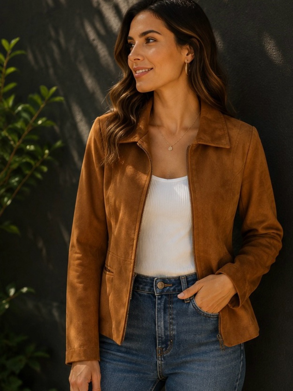 Faux Suede Cognac Brown Jacket Tailored Zip Size 10P Classic Vegan Minimalist